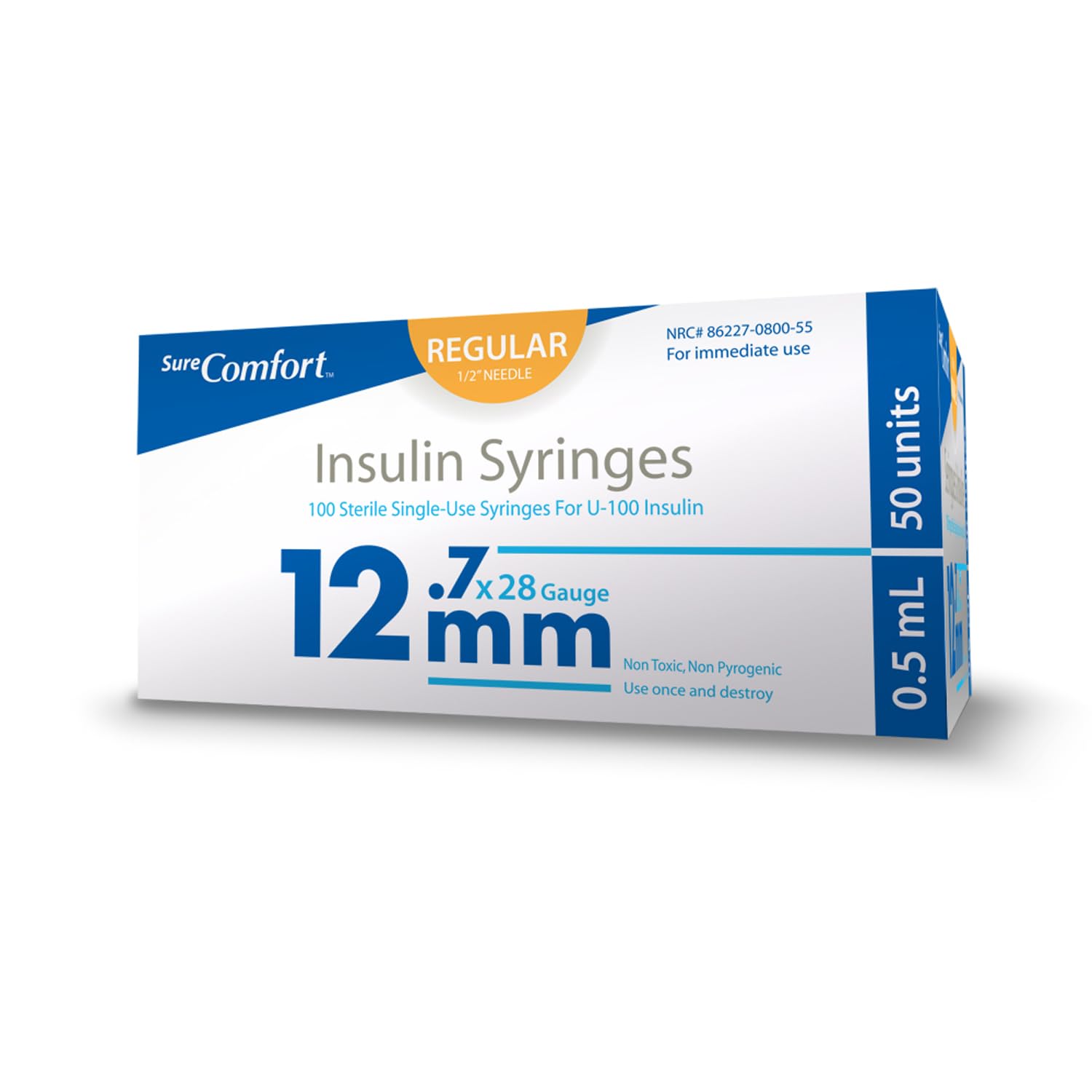 SureComfort U-100 Insulin Syringes 28G x 1/2" 1/2cc (12.7mm), Quality Disposable Syringes for Diabetes Care, Box of 100