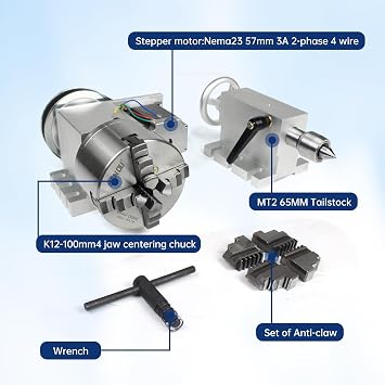CNCTOPBAOS K12-100mm CNC Router Milling Machine Rotational Axis A 4th Axis Rotary Table 100mm 4 Jaw Chuck Dividing Head,MT2 65mm Tailstock Reducing Ratio 6:1 for CNC Engraving Machine