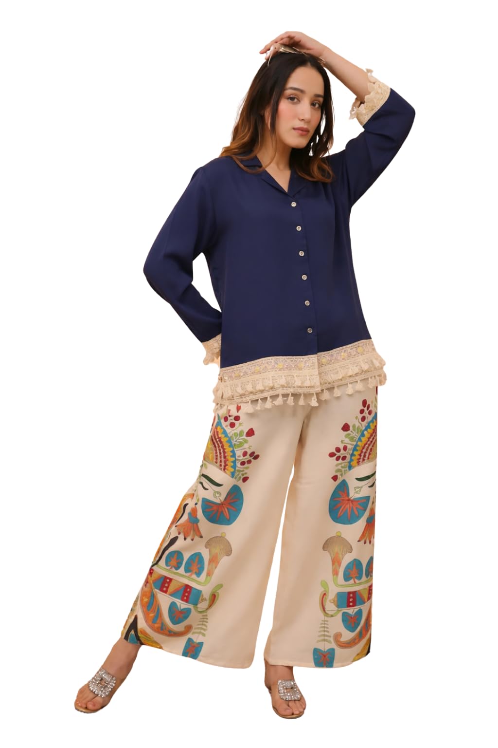 shrisay creation Women's Rayon Silk Printed Work Co_Ord Set Collor Neck & 3/4 Sleeve For Women Lightweight & Breathable Fabric_Navy Blue_S-Soft & Comfortable-picture-22