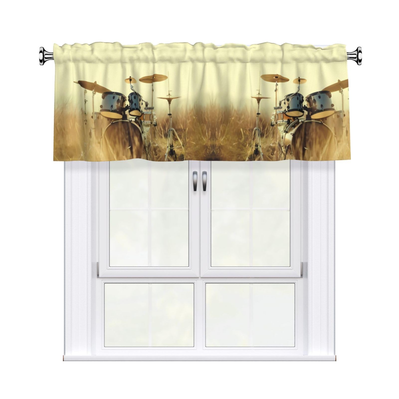 HJFCZH Music Drum in Field Prints Curtain Valance 54x18in - Peach Skin Kitchen Window Layer, Filtered Light & Quick-Install Rod Pocket Cover