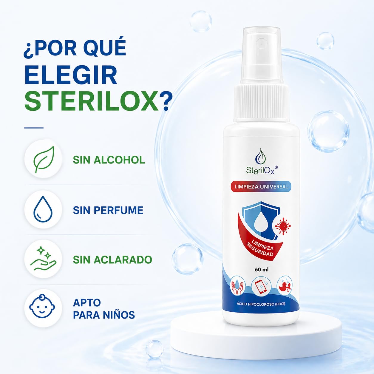 60 ml, spray cosmetico antisettico, per mani, giocattoli, piatti, oggetti, sicuro per bambini e animali domestici, senza alcool, senza profumo, con acido ipocloroso (HOCl)