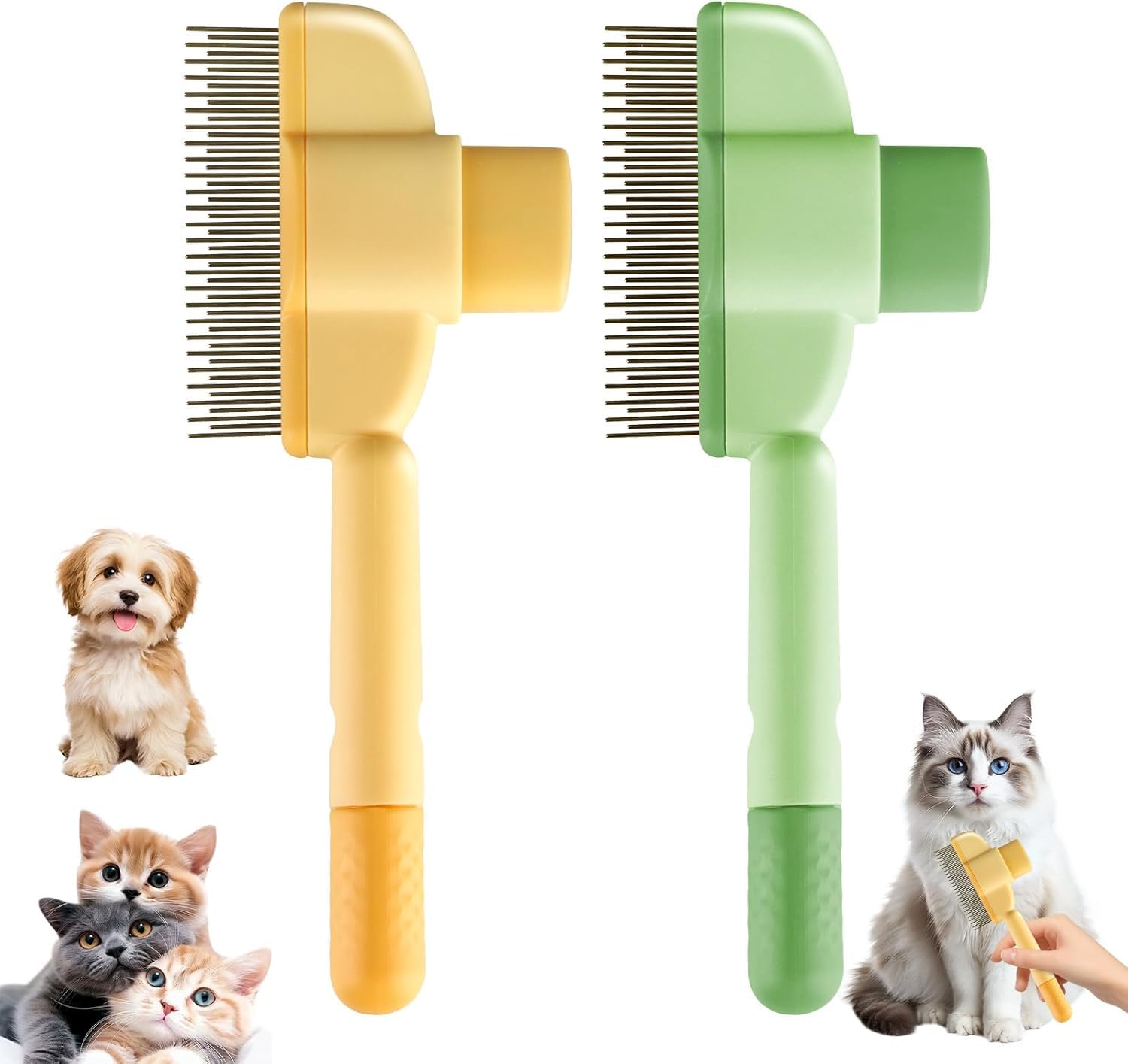 2-Pack Pet Flea Comb for Cats & Dogs - Self-Cleaning Grooming Brush with Release Button, Stainless Steel Fine Teeth - Detangles Hair, Removes Fleas & Dirt for Short/Long/Curly Coats
