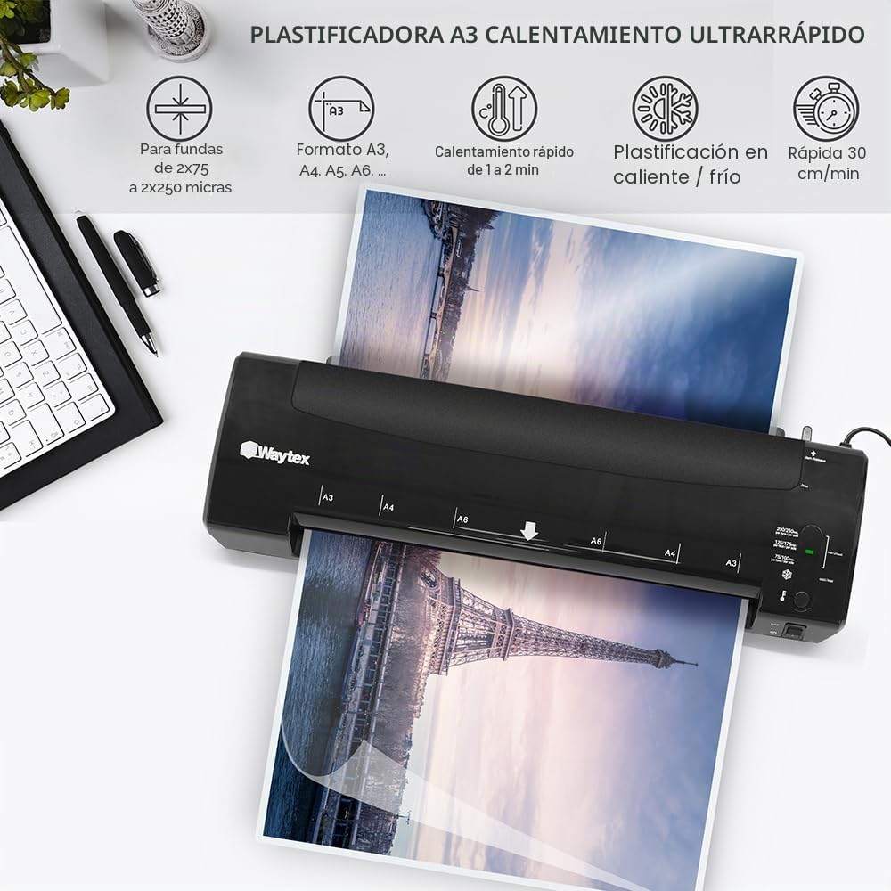 Waytex 78208 - Laminadora A3 A4 A5 A6 Pro Ultra Rápida Laminación en Caliente y Frío hasta 2 x 250 micras con temperatura ajustable + 1 recortador y 1 ángulo de corte