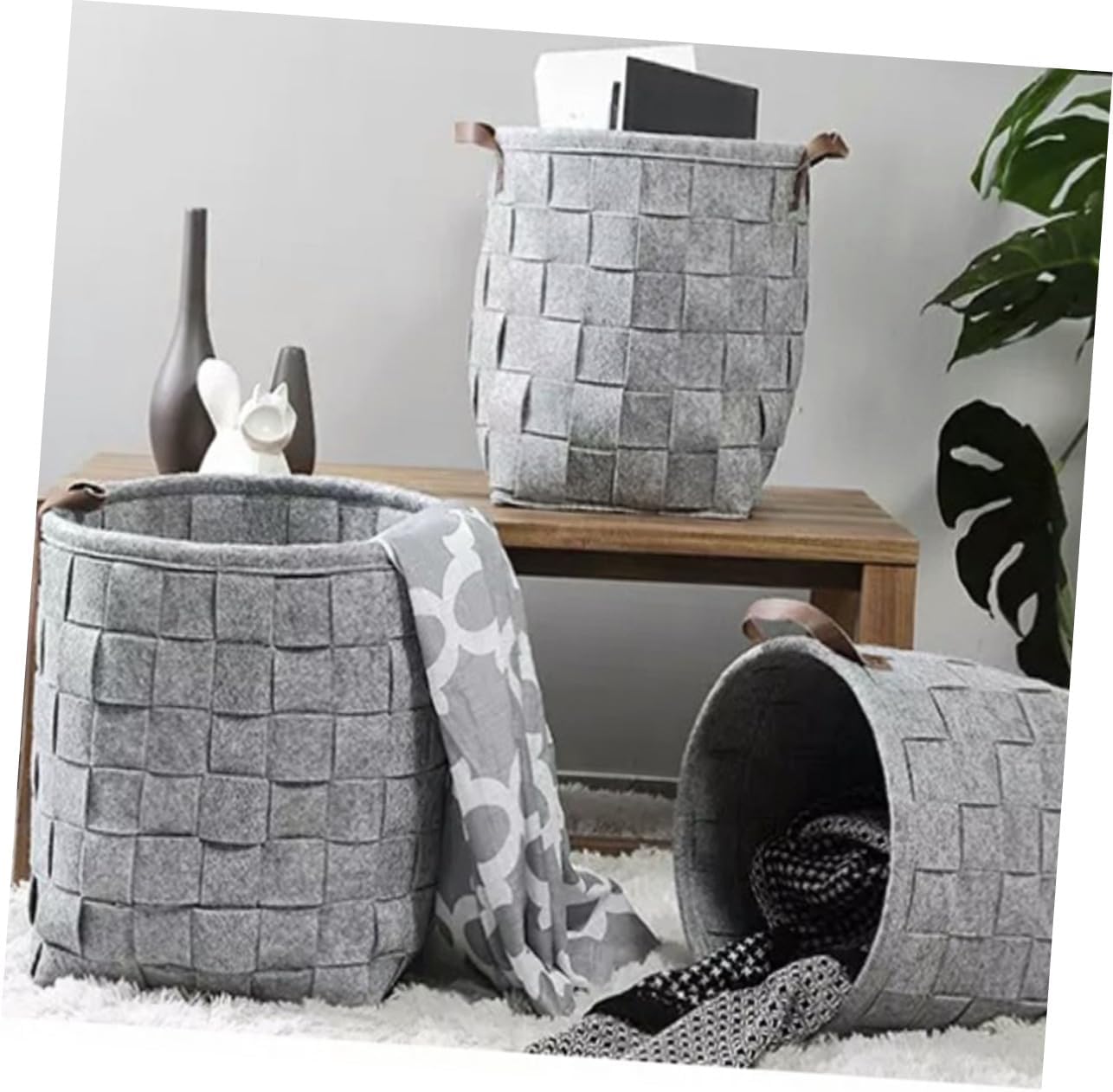 Handmade Foldable Felt Laundry Hamper Bin Large Capacity with Handles Portable Storage Basket for Dirty Clothes Nursery Bedroom Laundry Light Grey