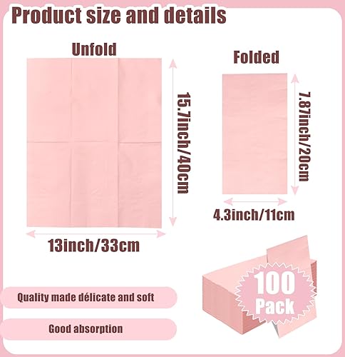 Miniatura 2 de 100 servilletas de papel de 3 capas de color rosa claro de 13 x 15.7 pulgadas, toallas desechables de papel para baño, cocina, boda, fiesta de
