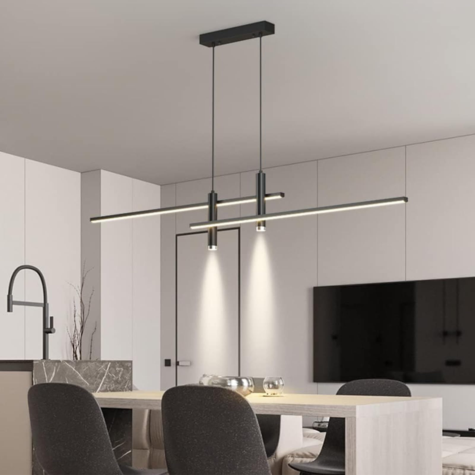 Moderne LED Pendelleuchte für Esstisch & Esszimmer - Dimmbar, Höhenverstellbar mit Fernbedienung - Hängeleuchte Küche, Büro, Wohnzimmer - Kronleuchter mit Linearem Design (Schwarz, 150cm)