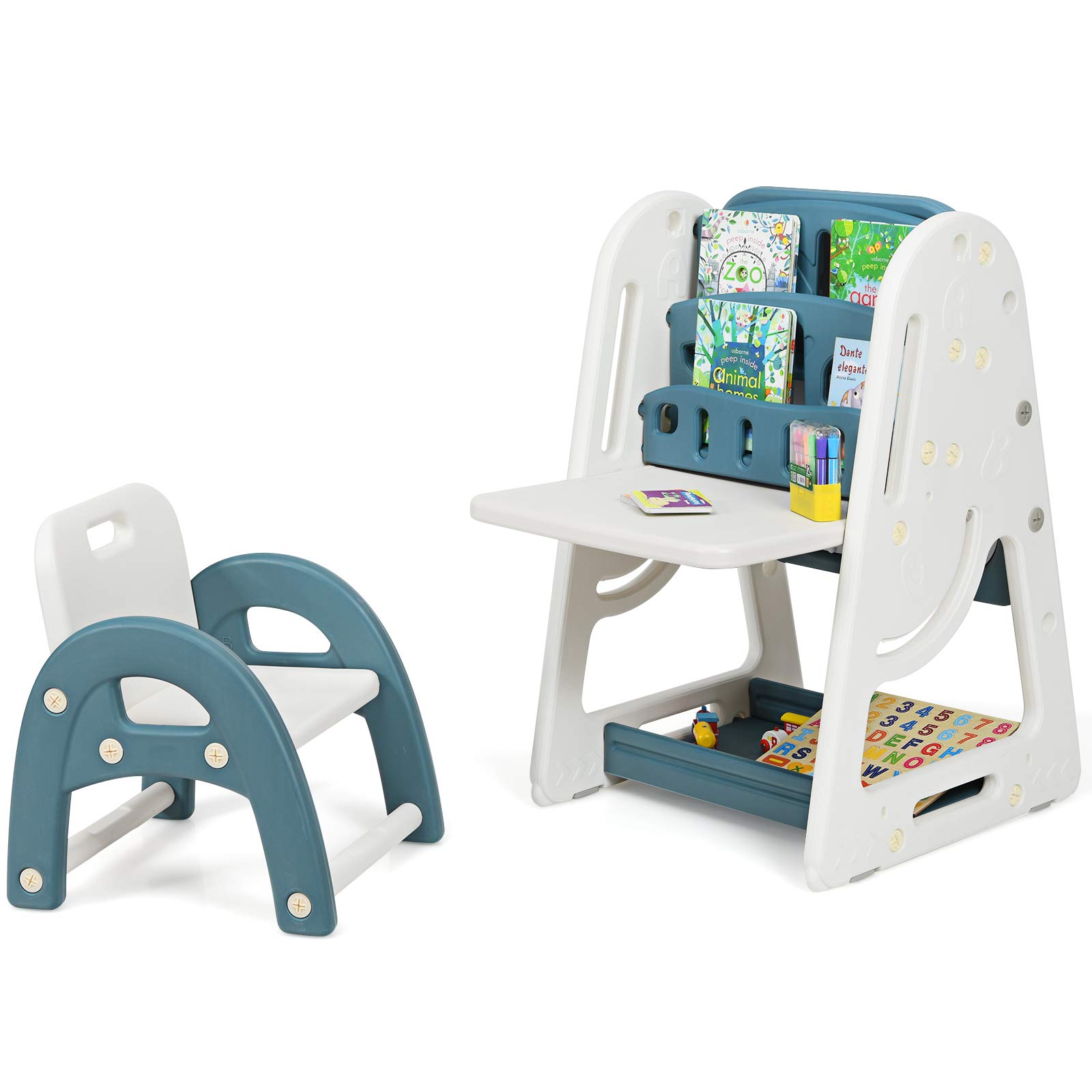 LIFEZEAL Juego de mesa con caballete magnética y librería, mesa con pizarra blanca, escritorio infantil con tabla plegable de dibujo, caballete ajustable con silla ergonómica para niños 3 años+ (Azul)