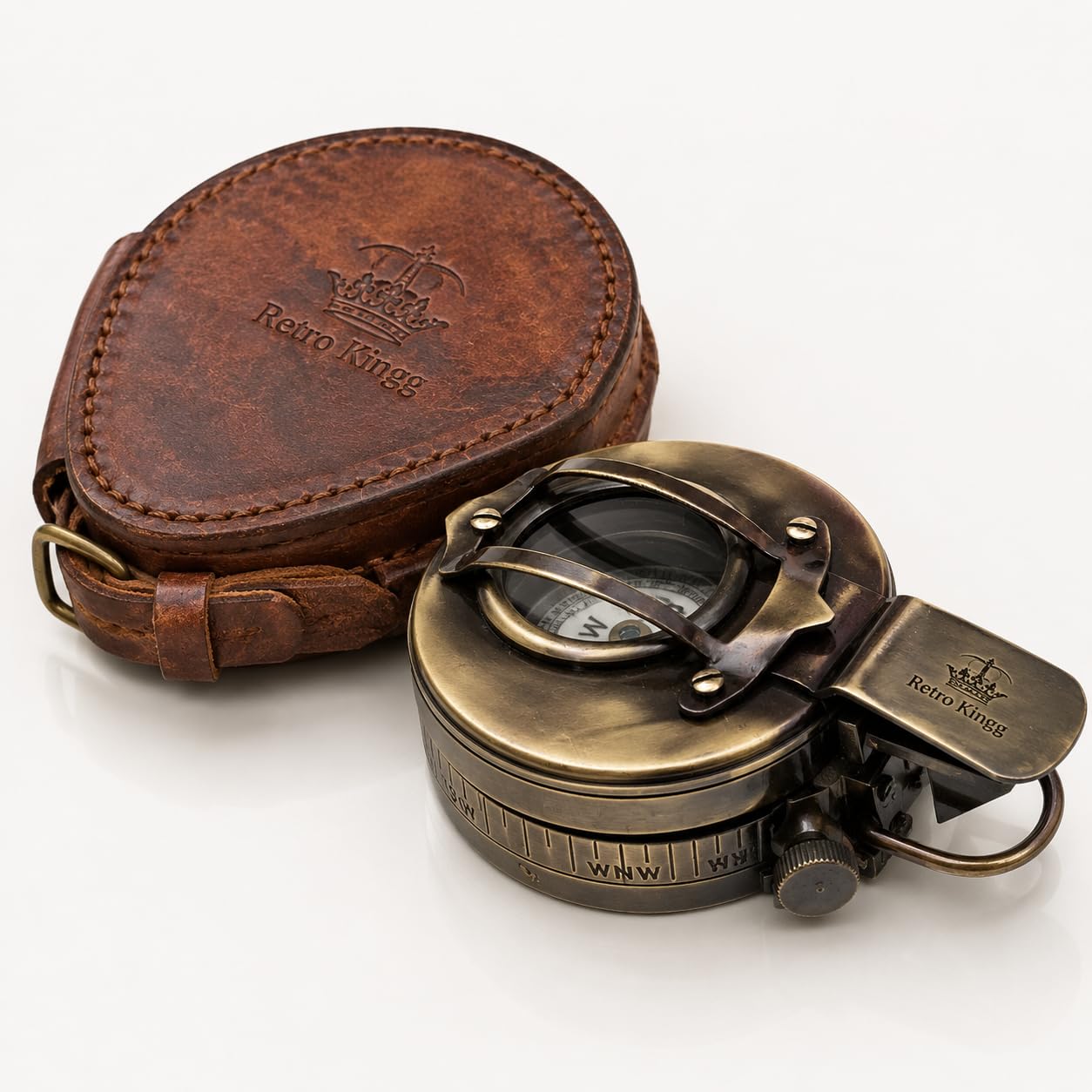 Retro King (Black) Vintage Brass Prismatic Military Compass with Leather Case – Antique Style Pocket Navigation Compass for Hiking, Camping, Scouting & Gift (Black)-image-48