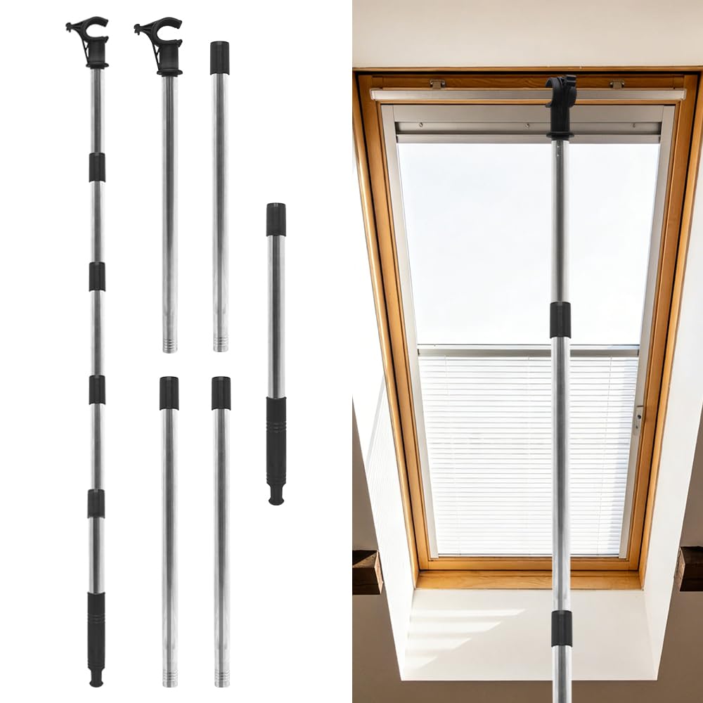 Yoolly Silver Window Pole Opener - 1.86M Telescopic Pole For Skylight Roof Windows And Blinds, Compatible With Velux Ggl & Ggu Skylight Roof Windows, Stainless Steel Multi - Part Loft Hatch Pole With Hook