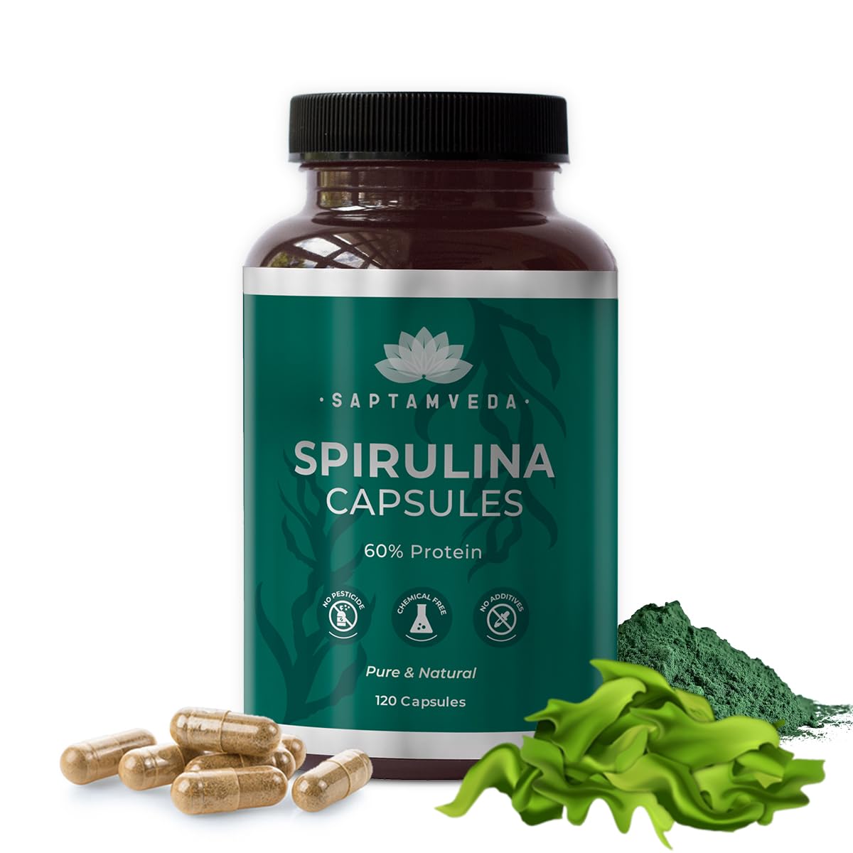 SAPTAMVEDA Natural Spirulina Capsules 2000Mg(120 Capsules) - Plant-Based Superfood Supplement For Men And Women | Rich I