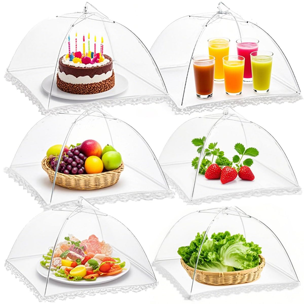 6Pcs Food Covers, 17 Inch Mesh Pop Up Food Umbrella Covers, Fruit Cake Net Domes for Outdoors, Screen Tents, Parties Picnics, BBQs, Reusable and Collapsible (White)
