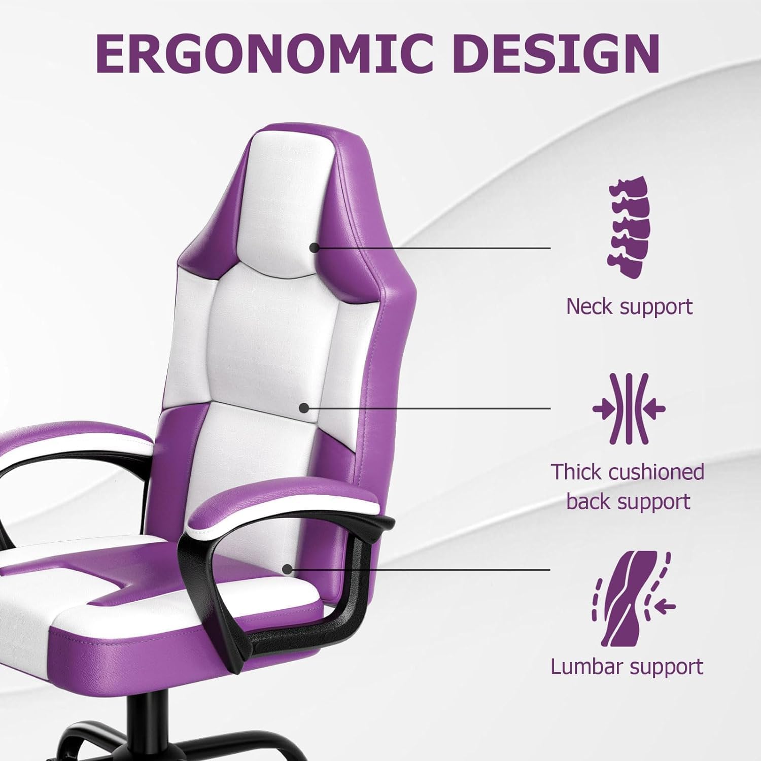 Sedia da gioco ergonomica, sedia per computer regolabile in altezza, sedia per PC in pelle di Pu con rotelle, per adulti (Viola)