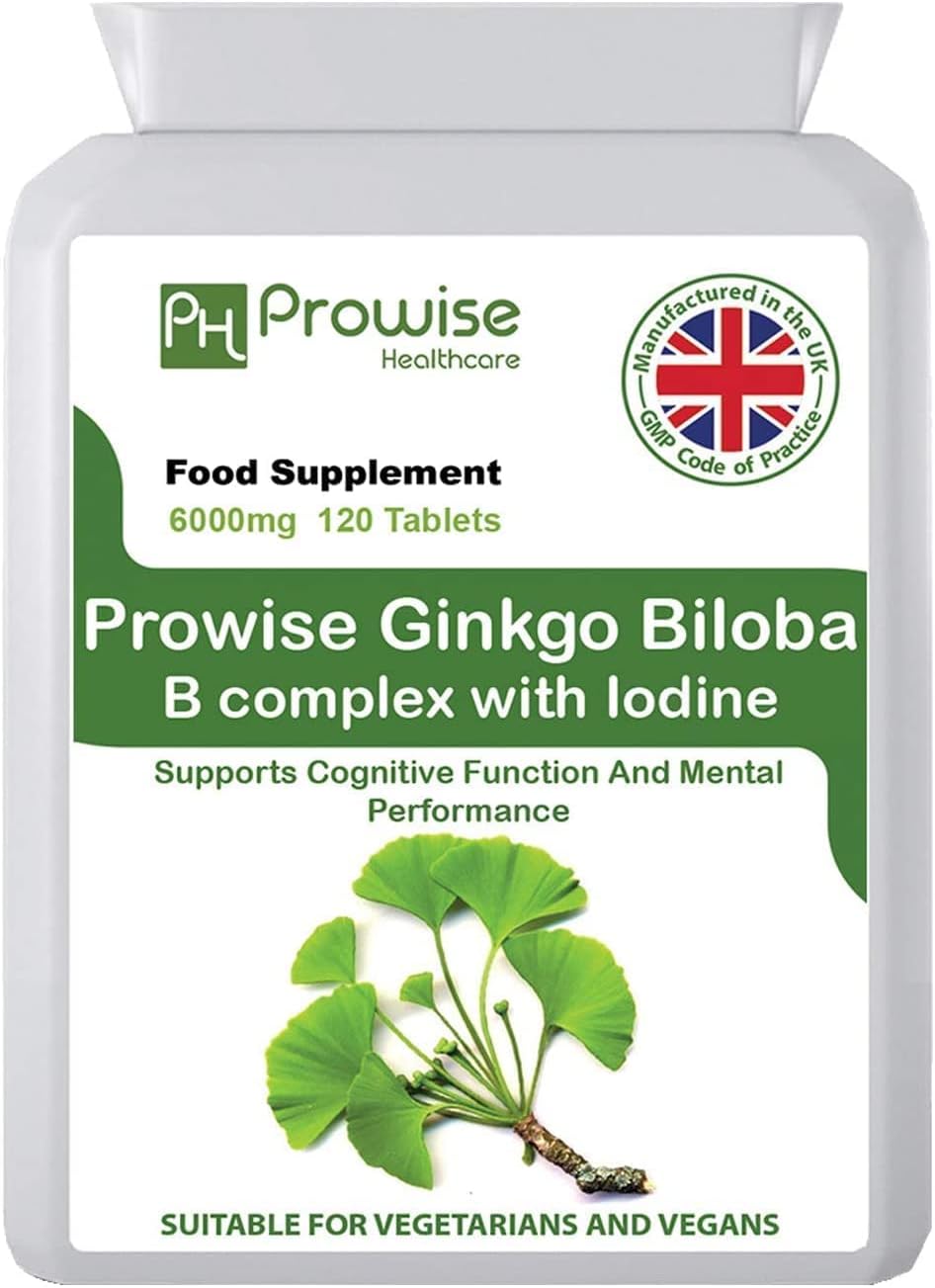 Ginkgo Biloba 6000mg with Vitamin B Complex and Iodine 120 Tablets I Supports Cognitive Function and Mental Performance - UK Manufactured | GMP Standards by Prowise Healthcare