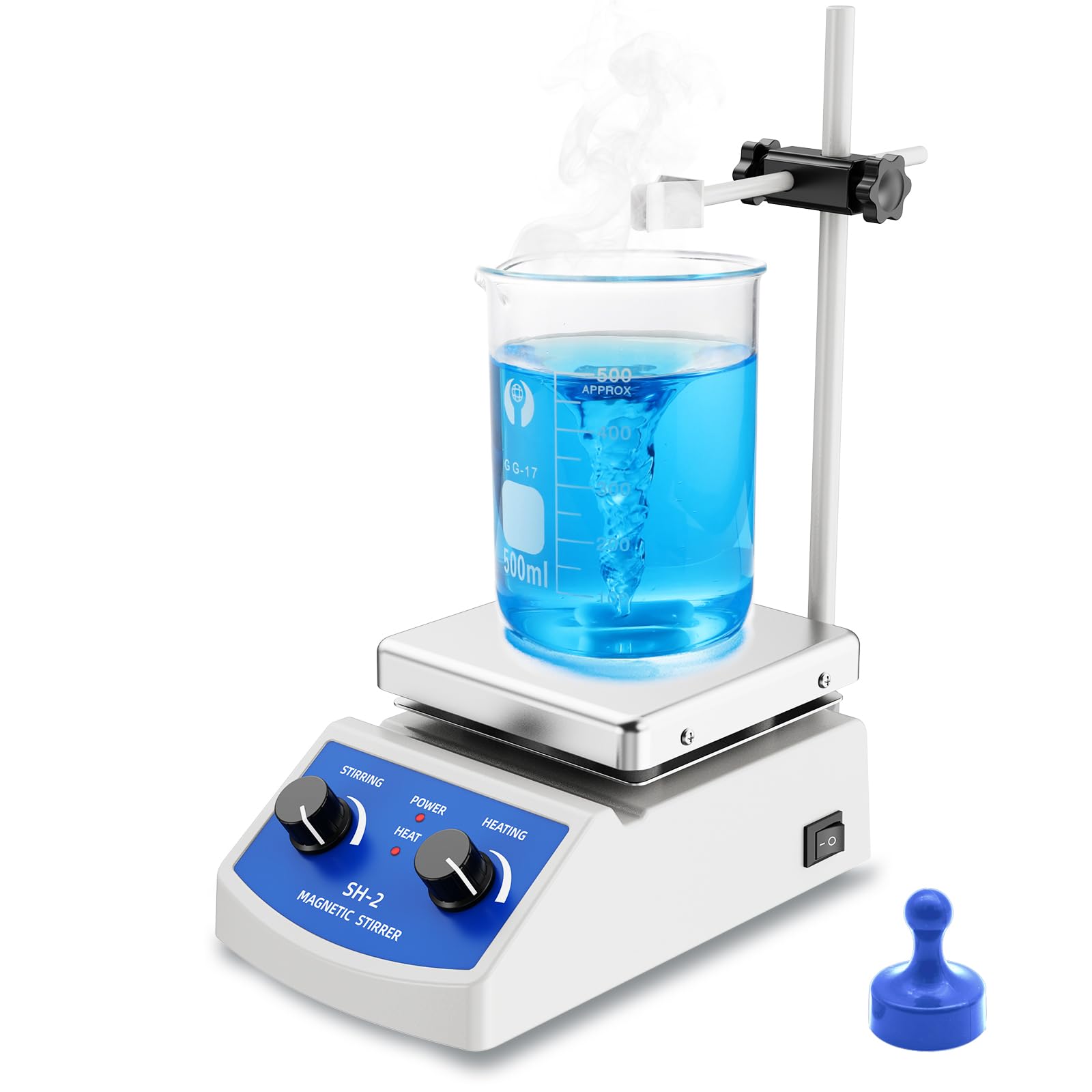 Agitador magnético de placa calefactora con barra agitadora y recuperador, 2000 ml, 100-2000 RPM