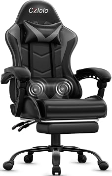 Czlolo Gaming Chair with Footrest Racing Style Lumbar Support Massager Video Game Chair with Metal Legs, High Back Reclining Gamer Chair with Headrest, 360 Swivel Office Computer Desk Chair Gray