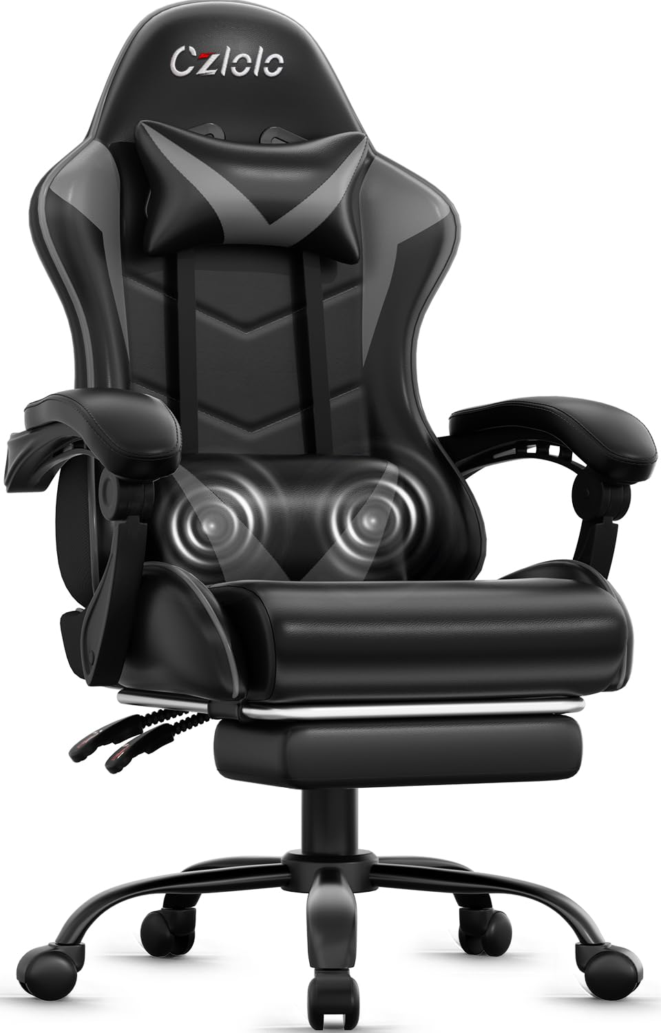 Czlolo Gaming Chair with Footrest Racing Style Lumbar Support Massager Video Game Chair with Metal Legs, High Back Reclining Gamer Chair with Headrest, 360° Swivel Office Computer Desk Chair (Gray)