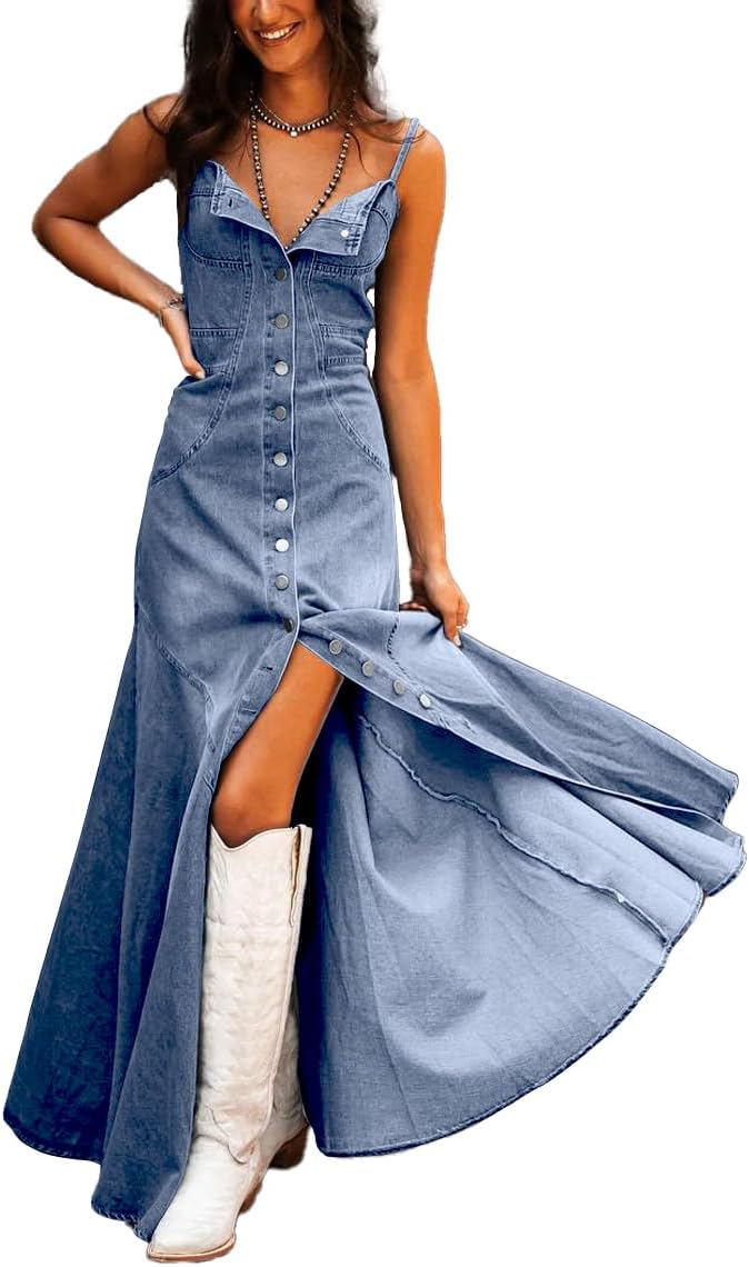chouyatou Women's Spaghetti Strap Smocked Back Denim Dress Button Down A-Line Swing Flowy Maxi Jean Dress - Image 2