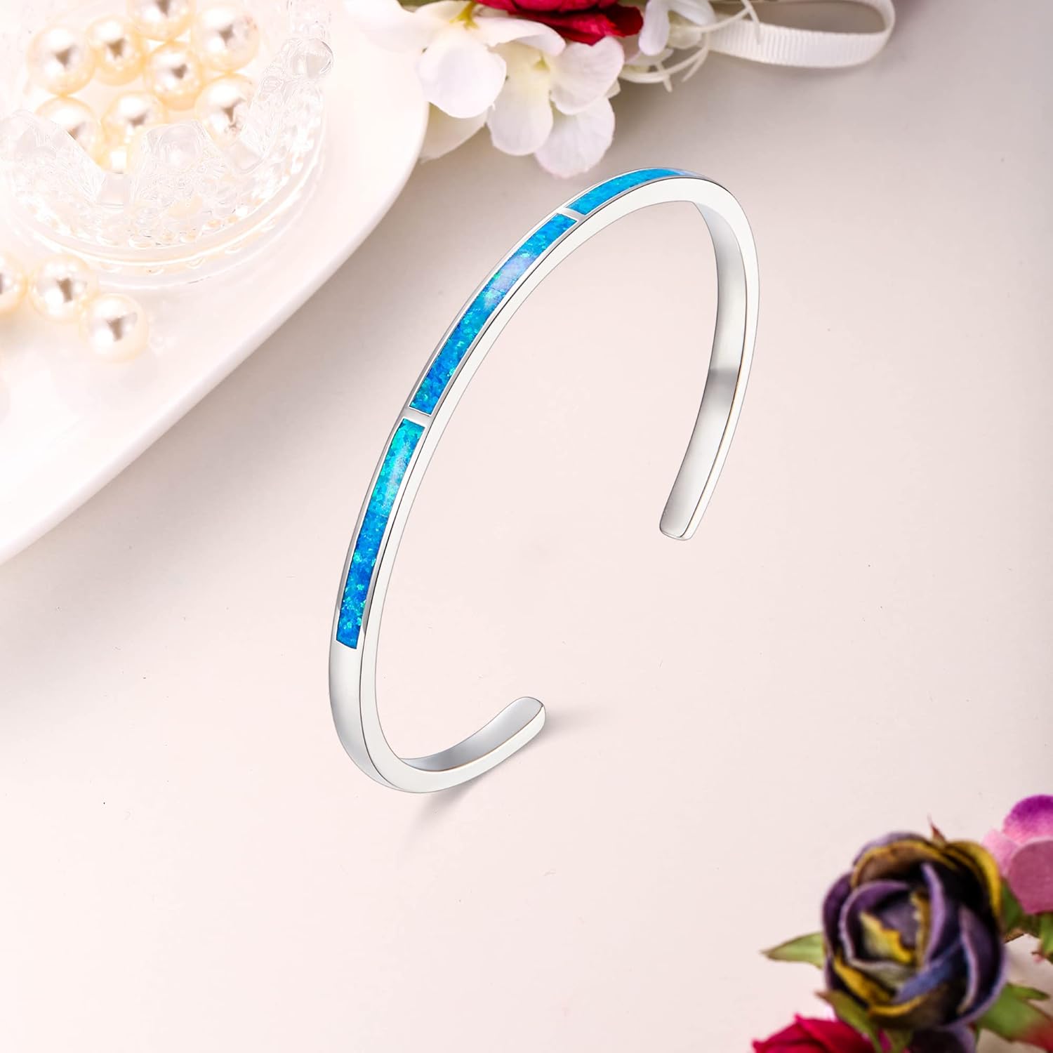 EVER FAITH Created Blue Opal Bracelet for Women Simulated Gemstone Birthstone Bracelets Birthday Mothers Day Anniversary Jewelry (Bangle) - Image 3