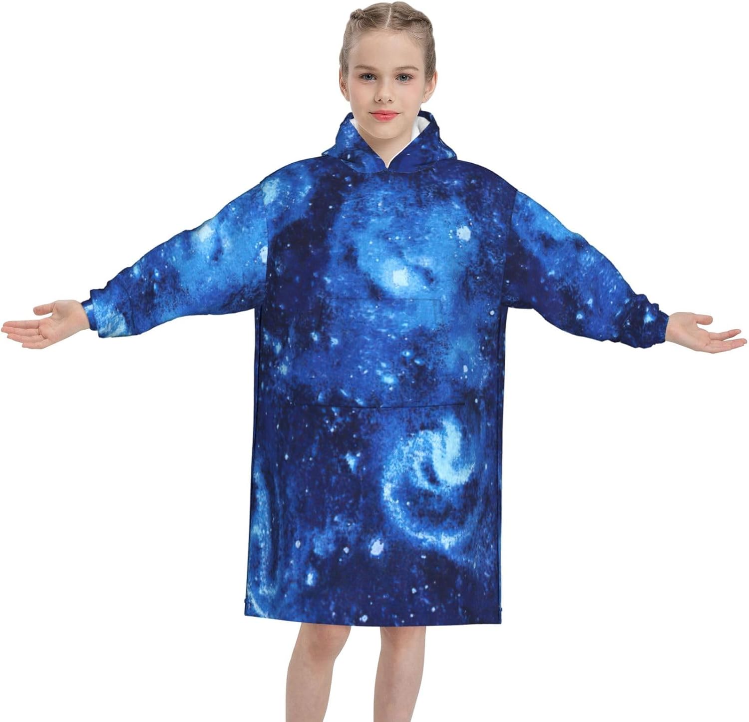 Blue Universe Space Galaxy Print Oversized Blanket Hoodie, Wearable Blanket Hooded,Hooded Pullover With Pocket