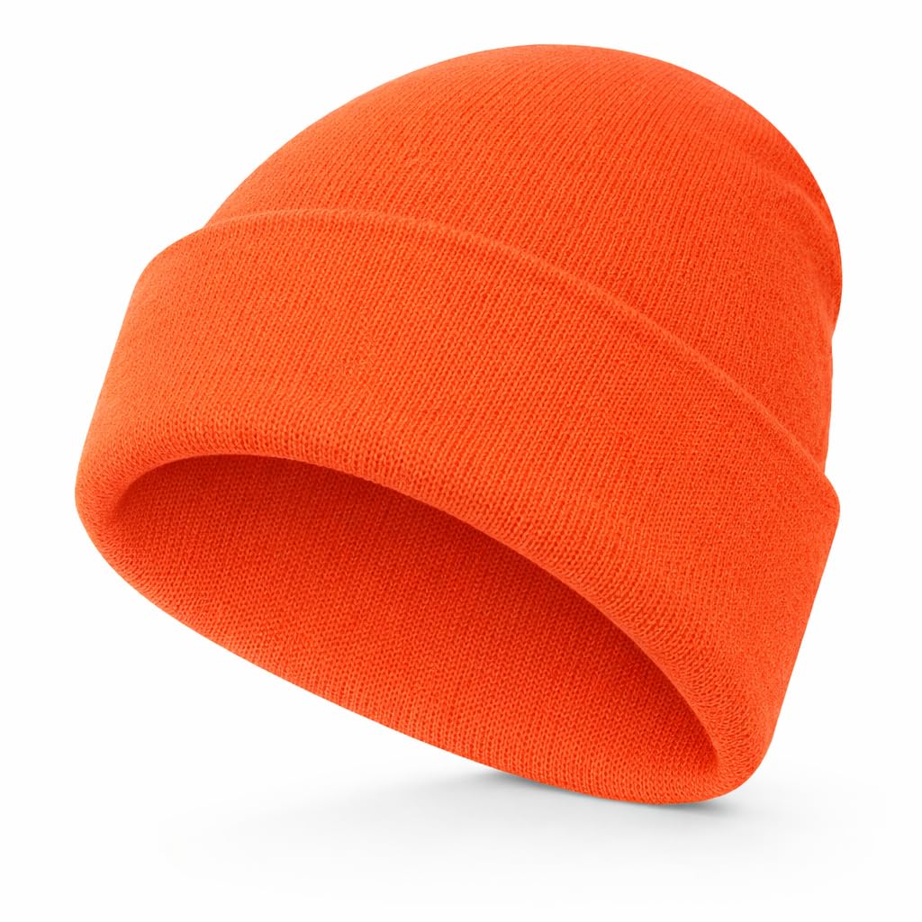 Ws Uk Boys Neon Orange Kids Beanie Hat - Unisex Slouch Winter Woolly Turn Up Knitted (Neon Orange)