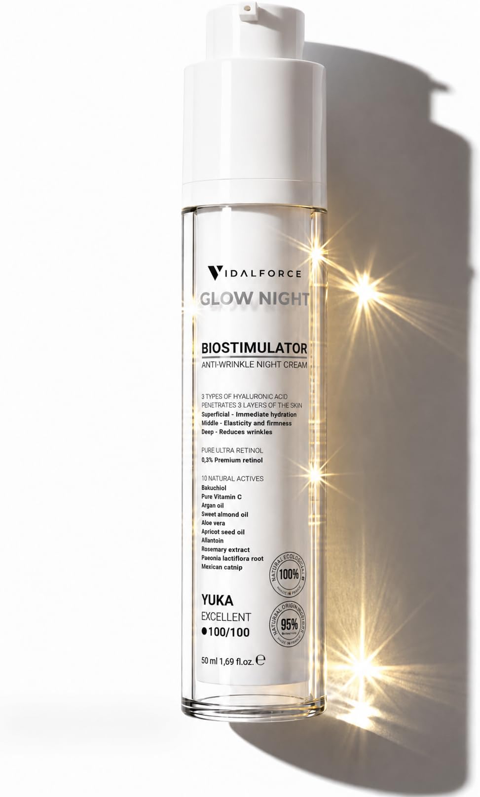 GLOW NIGHT Biostymulujący Przeciwstarzeniowy Krem na Noc, Retinol w kapsułkach z Bakuchiolem i Kwasem Hialuronowym Full-Spectrum I 100/100 Yuka I Krem Przeciwzmarszczkowy dla Kobiet i Mężczyzn. 50 ml