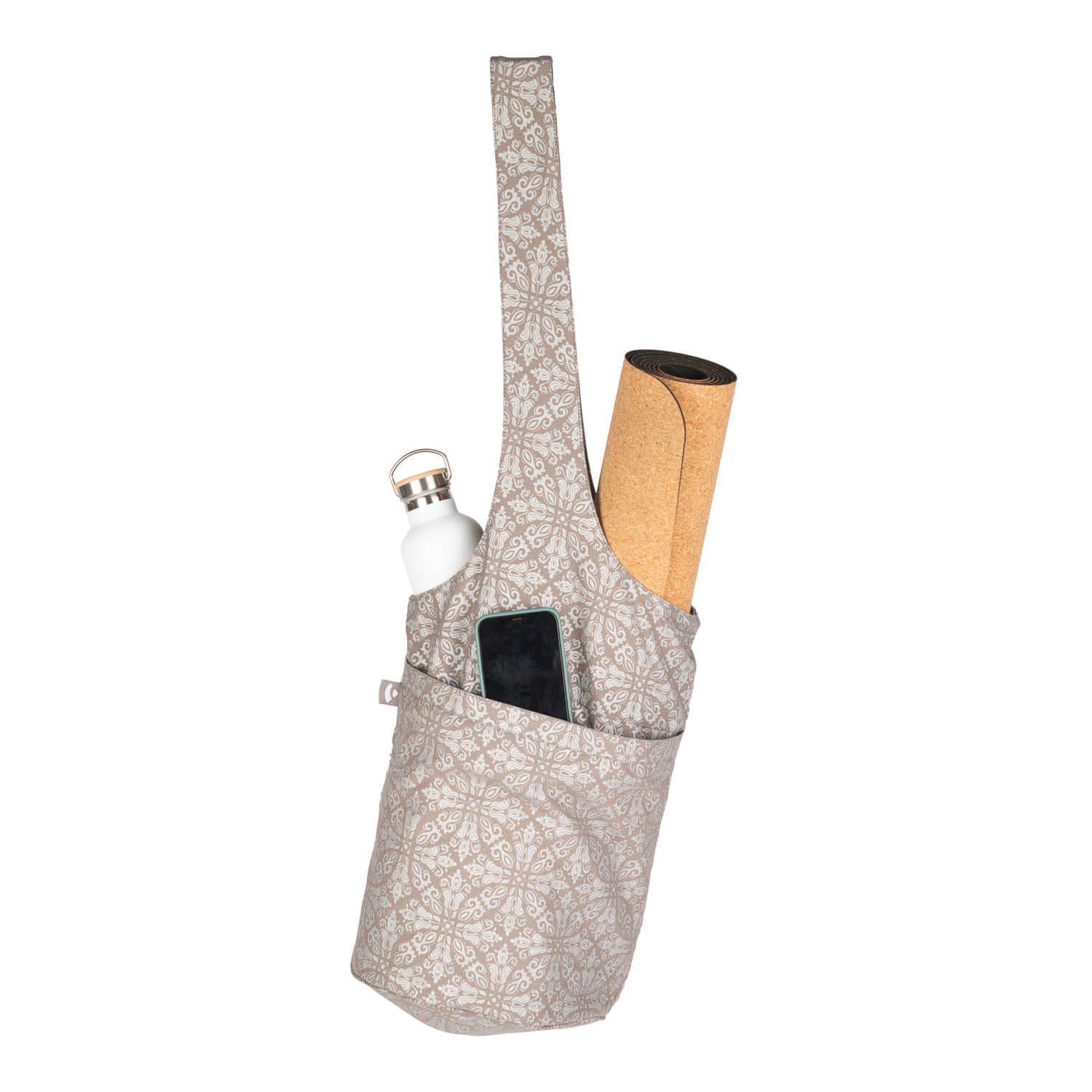 Yogatasche RAJA | Baumwolltasche mit Tragegurt | Slouchy Bag groß | Schultertasche für Yogamatten und Zubehör | Elegante Sporttasche | Maharaja Collection | Taupe Tasche mit silbernem Mandala Print