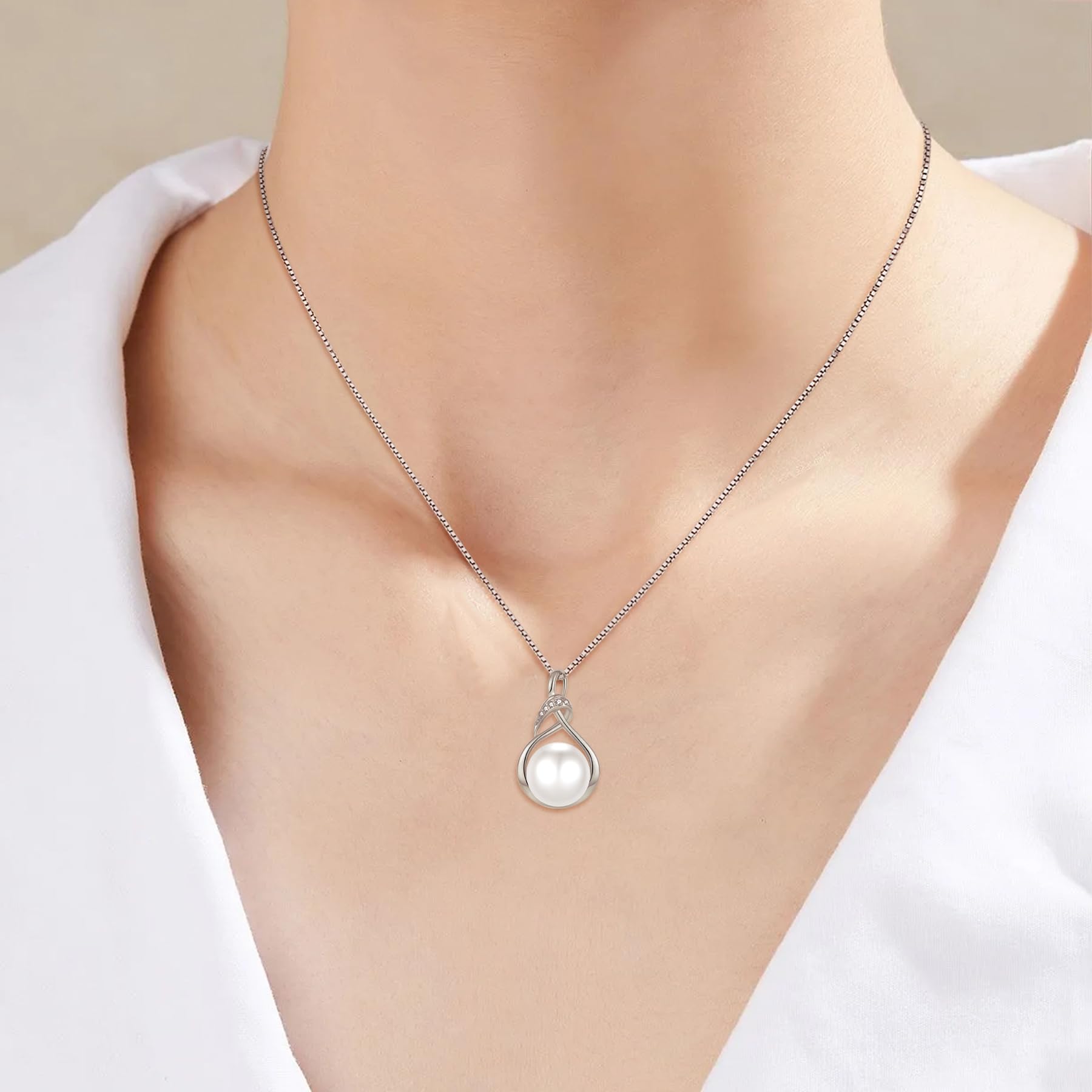 Perlenkette Damen Sterling Silber 925 Zirkonia Halskette mit Perle Anhänger Schmuck Geschenk für Frauen Mutter Freundin