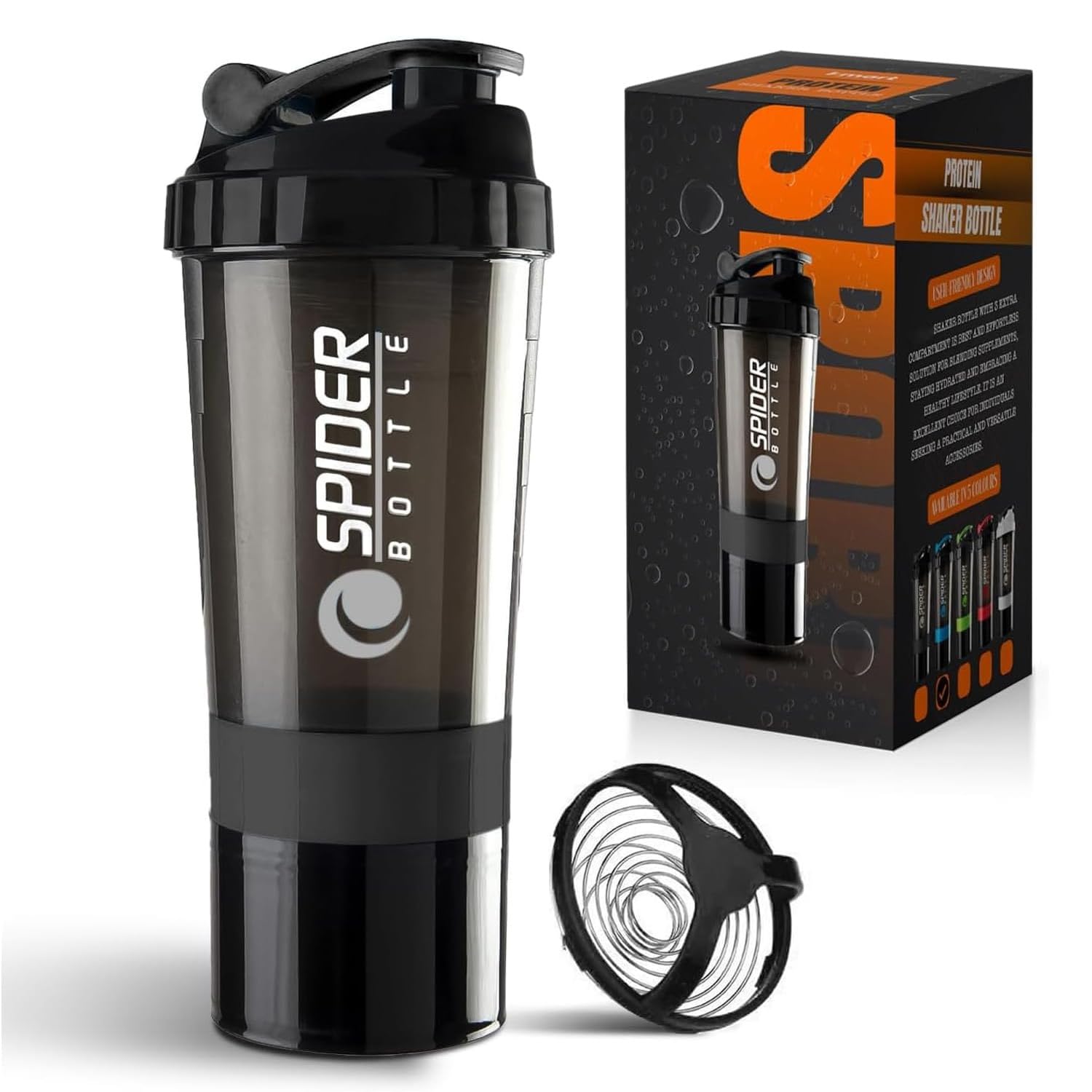 Roe Tenpo Protein Shaker Bottle 500ml with Extra Compartment | BPA-Free Protein Bottle Shaker for Protein Shakes | Leak Proof & Dishwasher Safe | Protein Shake Gym Bottles for Men & Women (Black)