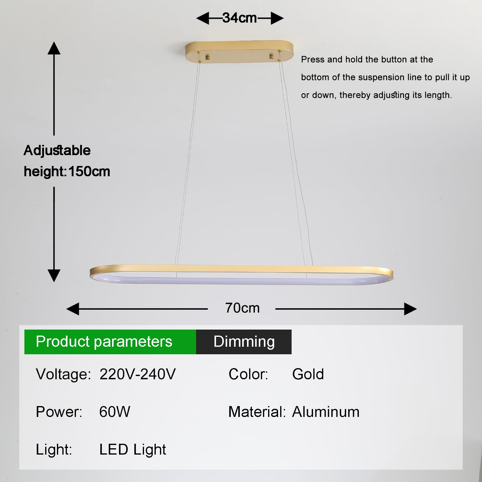 Oval Hängeleuchte LED Dimmbare Hängelampe Ring Pendelleuchte Moderne Esstisch Lampe mit Fernbedienung Höhenverstellbar für Wohnzimmer Esszimmer Küche Arbeitszimmer Schlafzimmer Gold 70cm