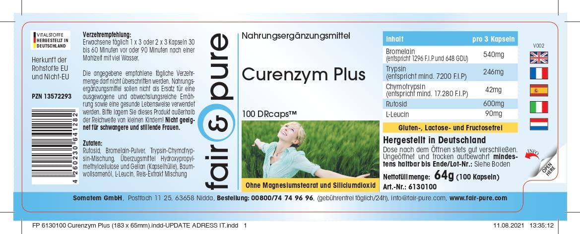 Fair & Pure® - Curenzym Plus 100 con bromelina, tripsina, quimotripsina y rutósido - Enzimas digestivas - 100 Cápsulas
