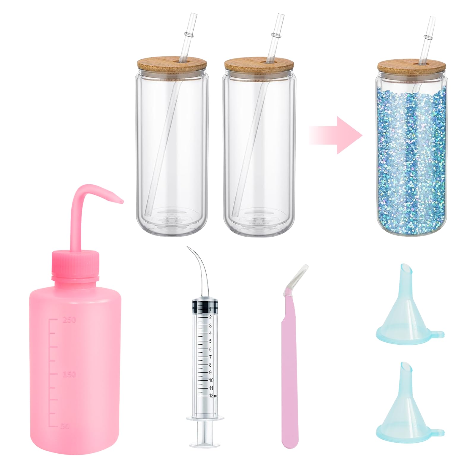 Snow Globe Tumbler 16 Oz Double Wall with Lid and Snow Globe Tumbler Supplies for Glitter Globe Kit DIY Glass Cup Gift Contains Plastic Squeeze Bottle Small Funnel Tweezers Bent Syringe