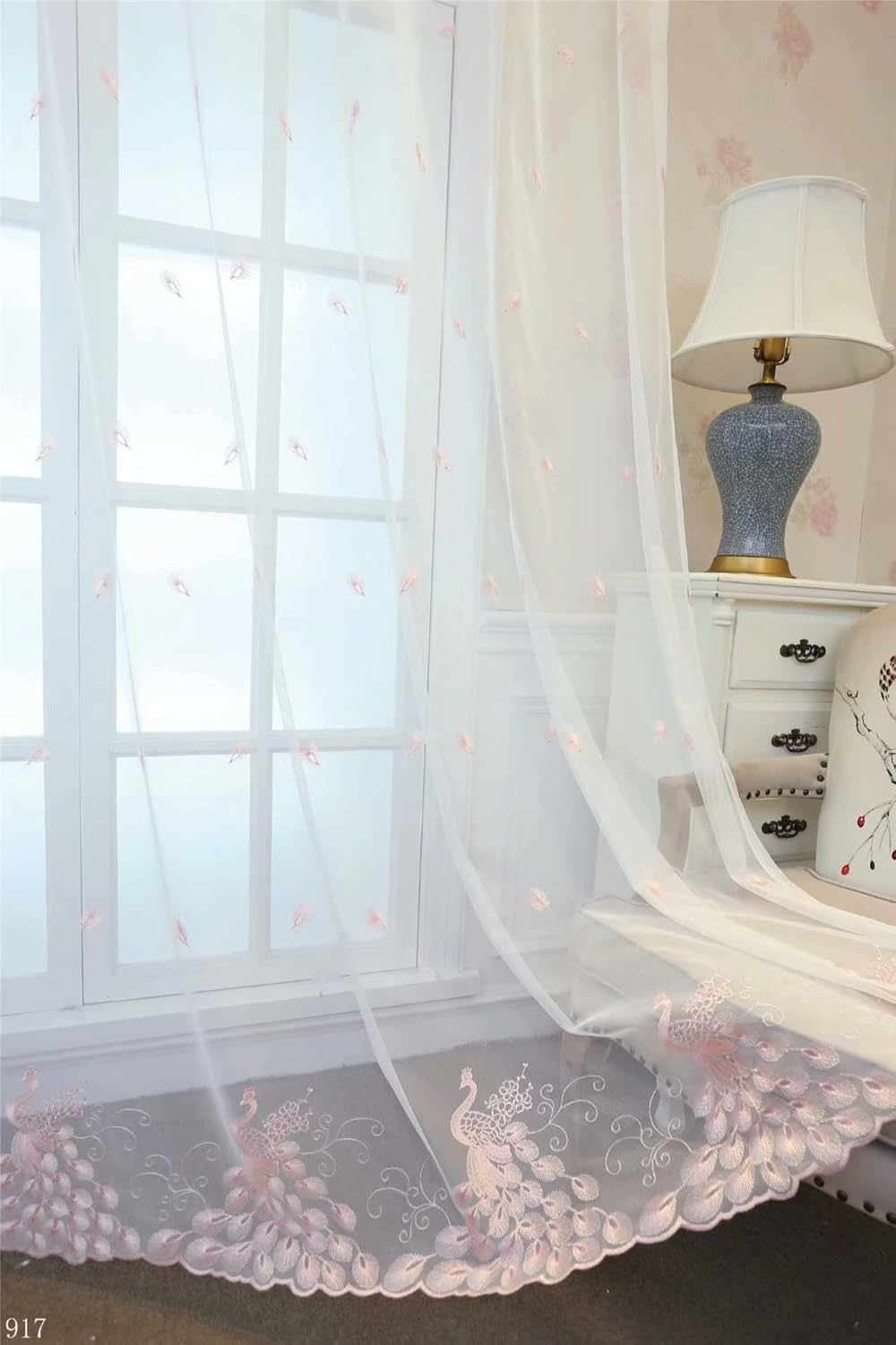 Exquisite Peacock Embroidery Five Colors Available Sheer Curtains Rod Pocket Room Decor Semi Drape for Living Room Bedroom(1 Panel W 52 x L 102 inch White)