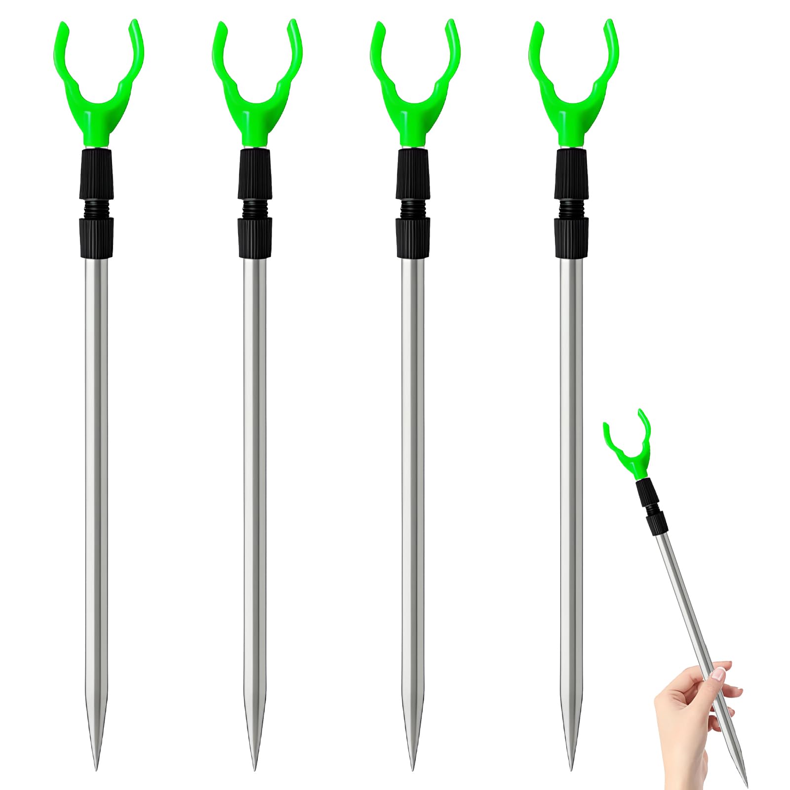 Fishing Rod Holder, Adjustable Stainless Steel Rod Rest, 4-Piece Bank Sticks Set, Portable Fishing Rod Stand for Shore Fishing and River Bank Angling, Telescopic Design with Ground Stakes