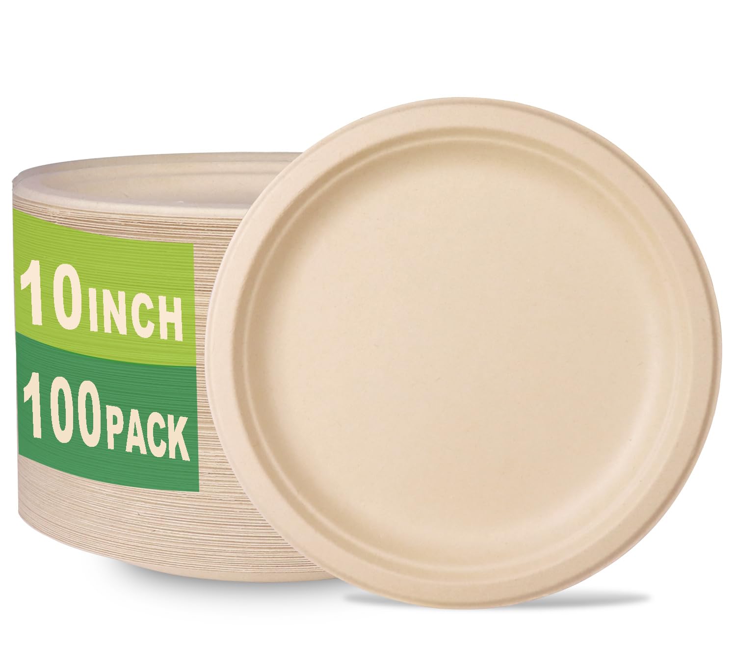 GreenWorks 100 Count 10“ Heavy-duty Compostable Plates, Unbleached Biodegradable Bagasse and Bamboo fiber Paper Plates