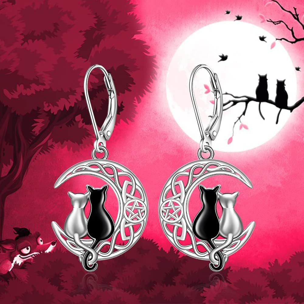 Cat Earrings Black Cat Earrings for Women Crescent Moon Celtic Knot Cute Black and White Cat Matching Sterling Silver Pentagram Pentacle Earrings Halloween Lover Gifts Jewelry - Image 9