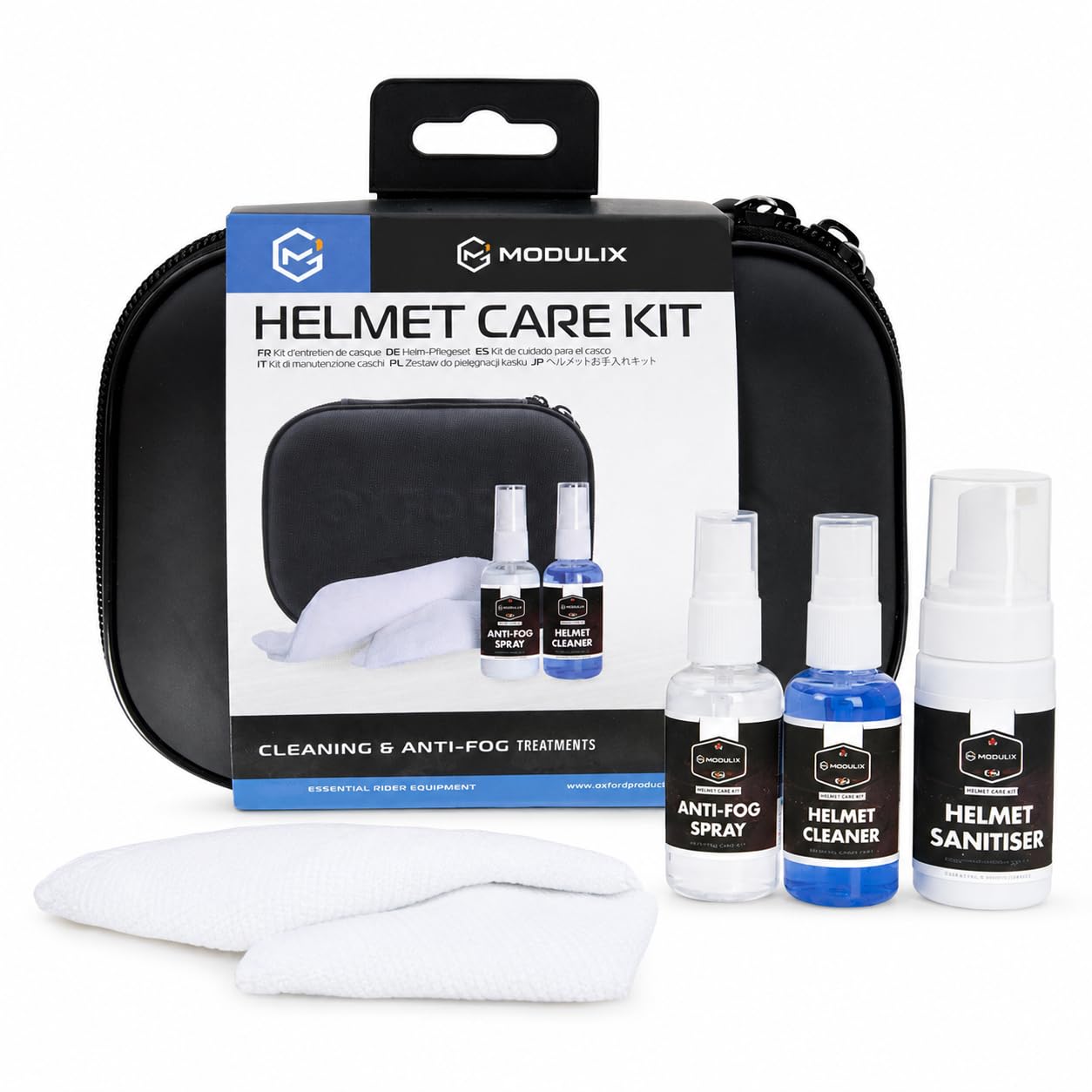 Kit Entretien Casque Moto et Scooter, 3 Sprays Nettoyant Intérieur, Nettoyant Visière et Anti-Buée, Désinfectant Casque 100 ml, Spray Visière 50 ml, Chiffon Microfibre et Trousse Compacte