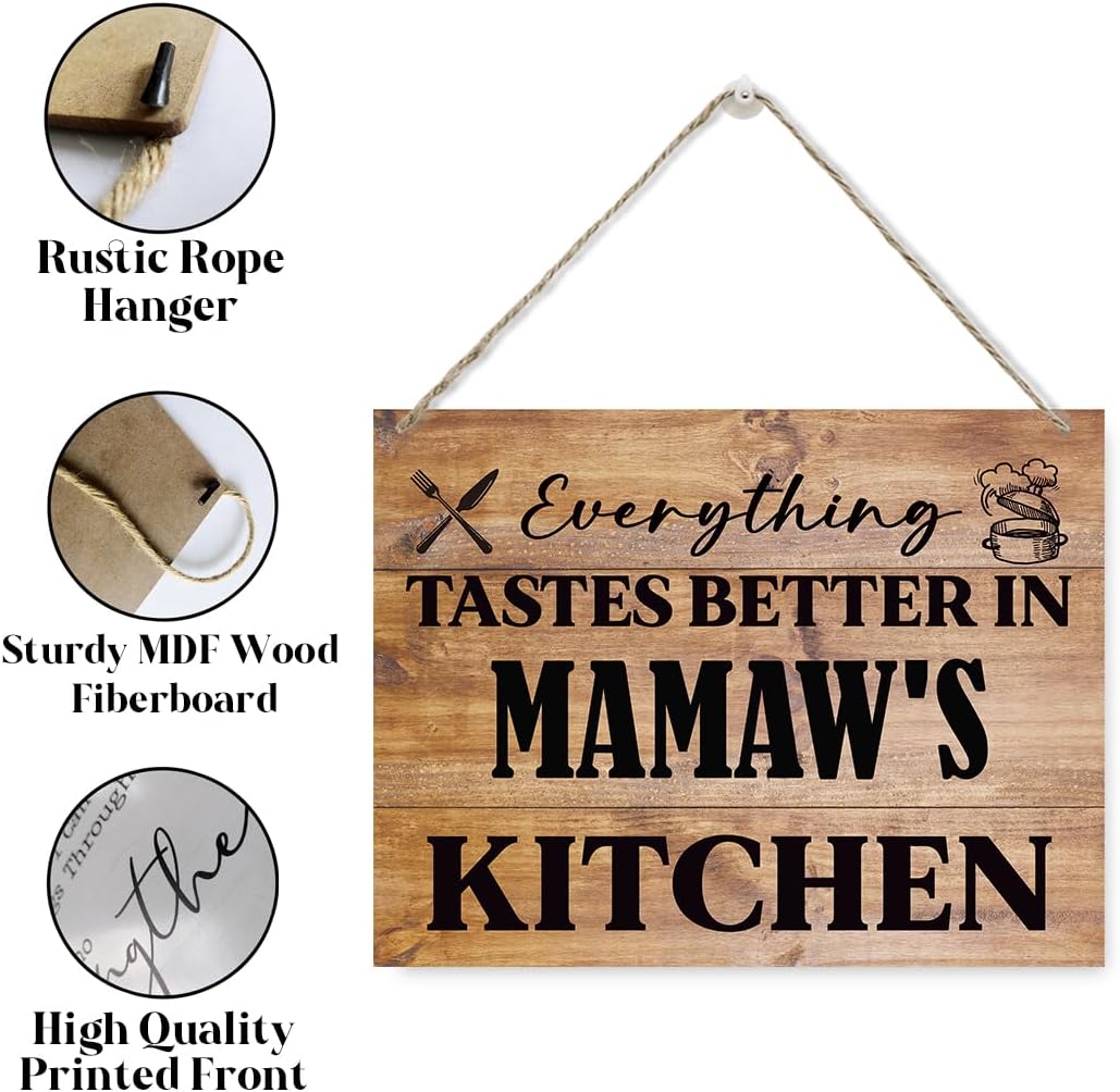 Hanging Wooden Kitchen Gifts, Grandma's Gift, Mother's Day Gift, Thanksgiving Gifts for Mom from Daughter Son, Everything Tastes Better in Mamaw's kitchen Sign, Rustic Farmhouse Sign 15x11.4 Inches - Image 3