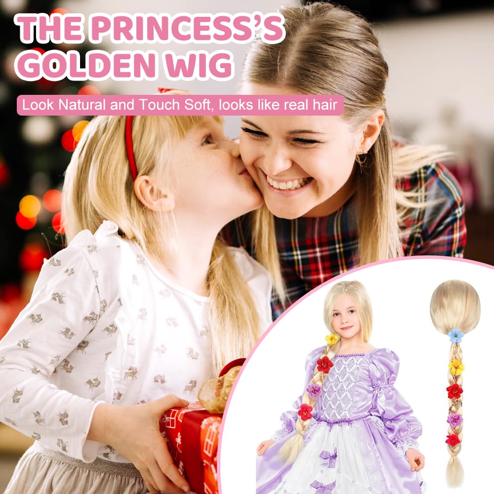 Lotvic Peluca Trenzada De Princesa Rubia De 85 Cm Con Flores, Accesorio De Disfraz Para Niñas De 3 A 8 Años, Ideal Para Carnaval, Halloween Y Cosplay De Rapunzel