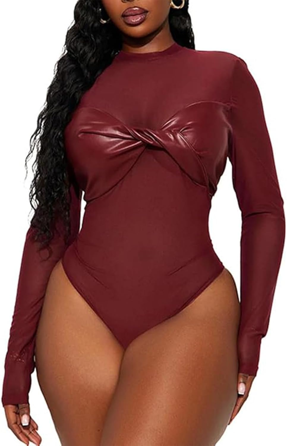 Sexy Bodysuit For Women Mesh See Through Long Sleeve Twist Leather Bra Bodysuit One Piece Going Out Fall Clothes