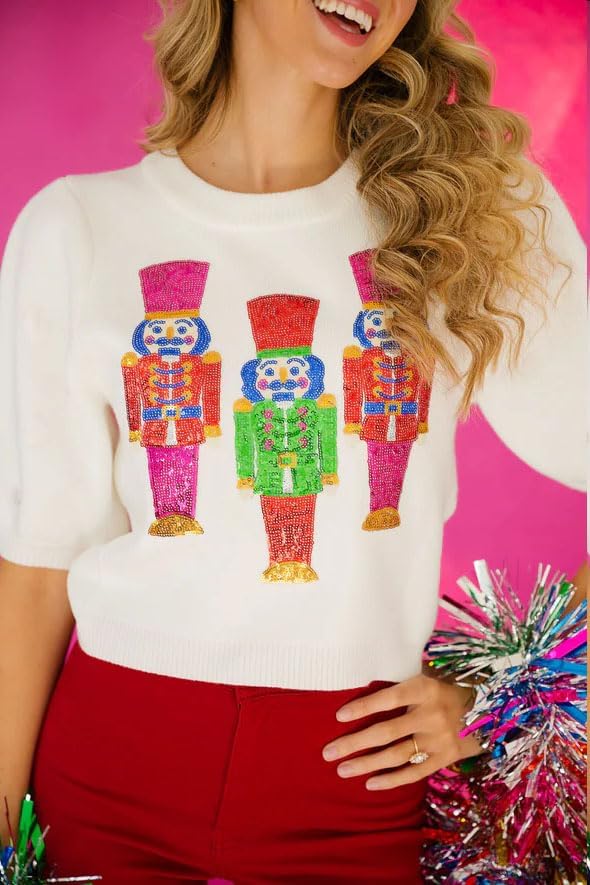 Women Puff Short Sleeve Sweater Casual Cropped Knit Shirts Cute Sparkle Holiday Graphic Print Pullover Jumper Tops - Image 2