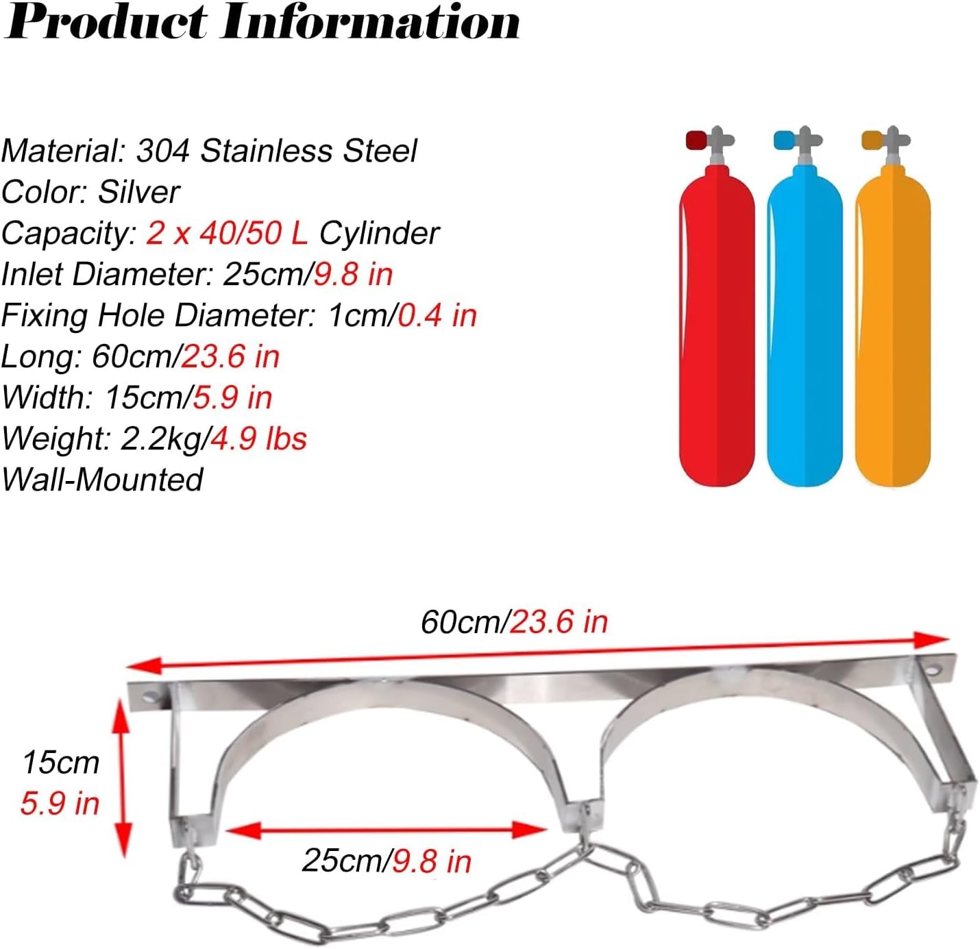Stahl-Wandhalter für Gasflaschen, leichter Flaschenhalter (2 Bottles(23.6 in))