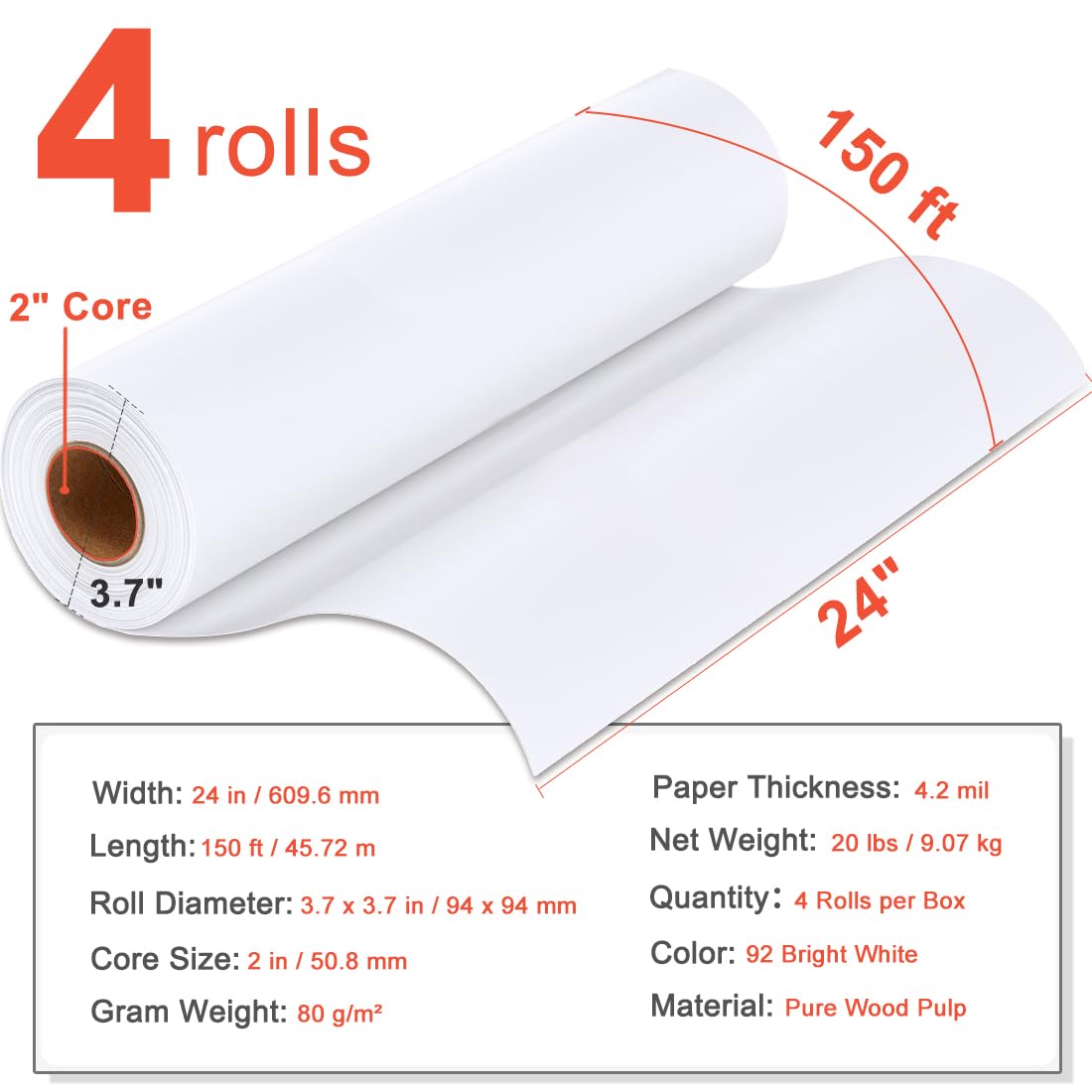 Lot de 4 rouleaux de papier calque pour imprimantes jet d'encre grand format – 80 g/m² – 61 cm x 45,1 m, noyau de 5,1 mm, 80 g/m², 9,1 kg