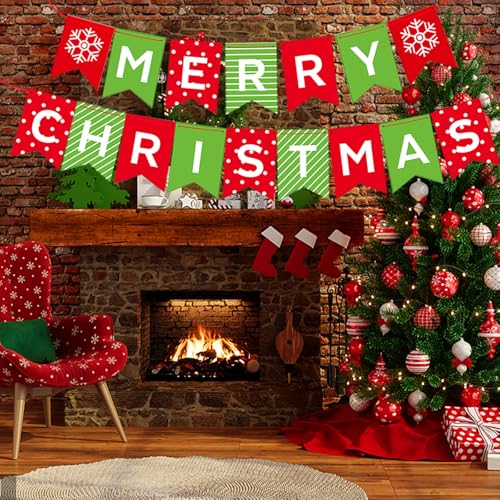 Merry Christmas Banner - Premium Heavyweight Paper Holiday Sign with String & Threading Needle for Indoor Fireplace Wall Windows | Traditional Festive Decor (Merry & Bright) (double-sided)