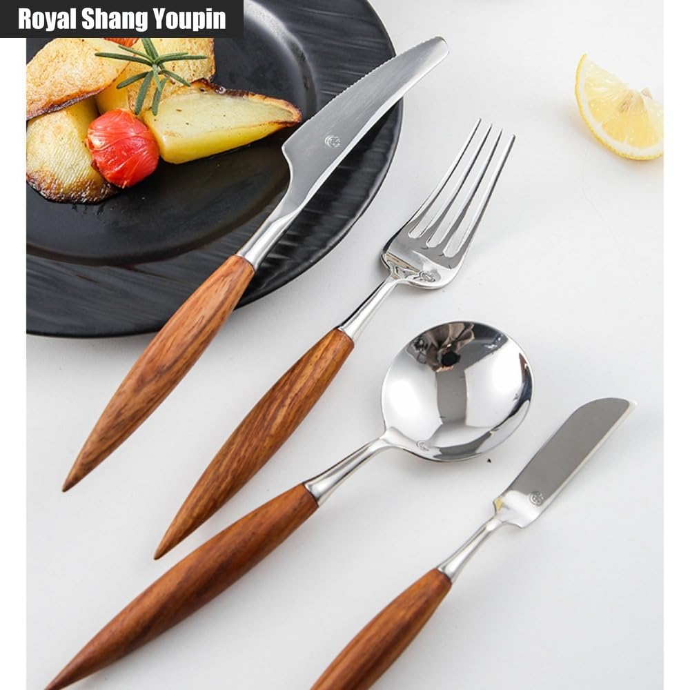 Manico in Legno Massello Di Palissandro Cucina Posate in Acciaio Inossidabile Stoviglie Posate Set Coltello Da Bistecca Forchetta Cucchiaio Cucchiaino (7 pezzi)