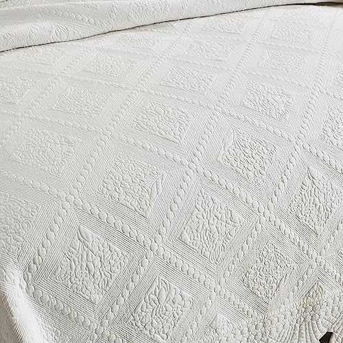 MarCielo 3-Piece 100% Cotton Oversized Bedspread Lightweight Quilt Coverlet Embroidery Farmhouse Bedding Set (TK White, Oversized King (118"x106"))