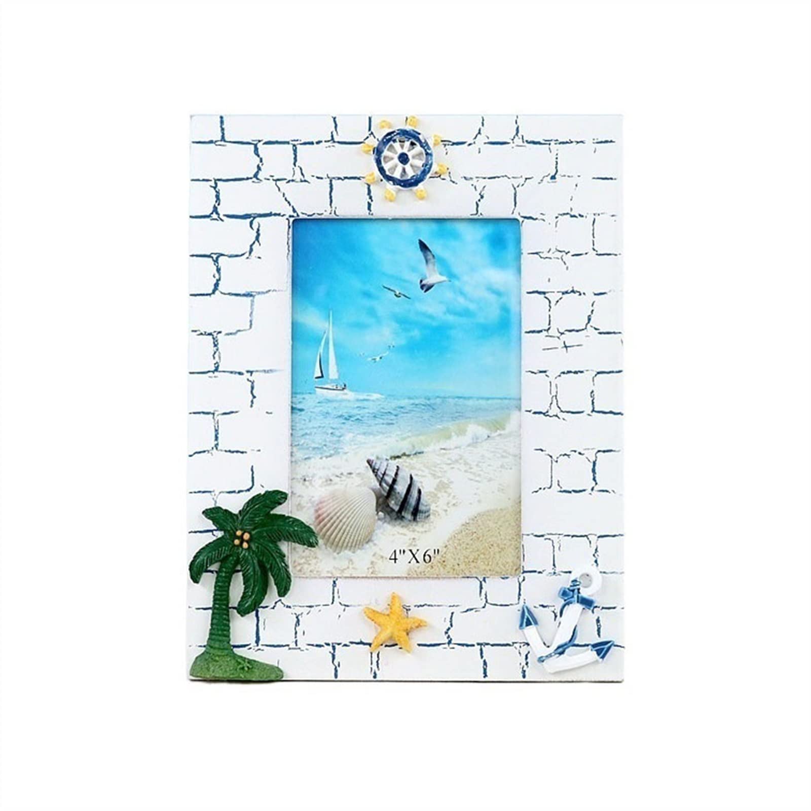 Photo Frame Creative Wooden Photo Frame Hand-painted Ocean Style Decorative Ornaments 6-inch Desktop Display(A)