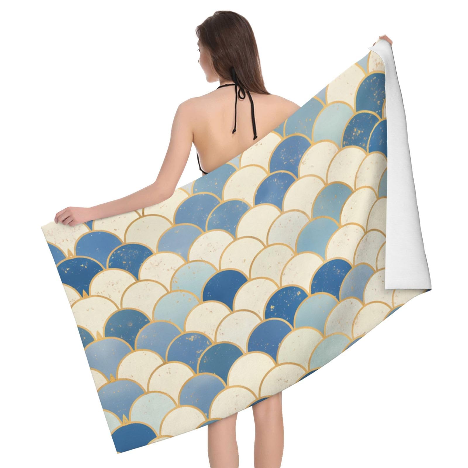 QAZWZML Home microfiber Blue fish scales prints bath towels for travel, beach, and bathroom use. Highly absorbent and soft pool towels for men and women, quick drying