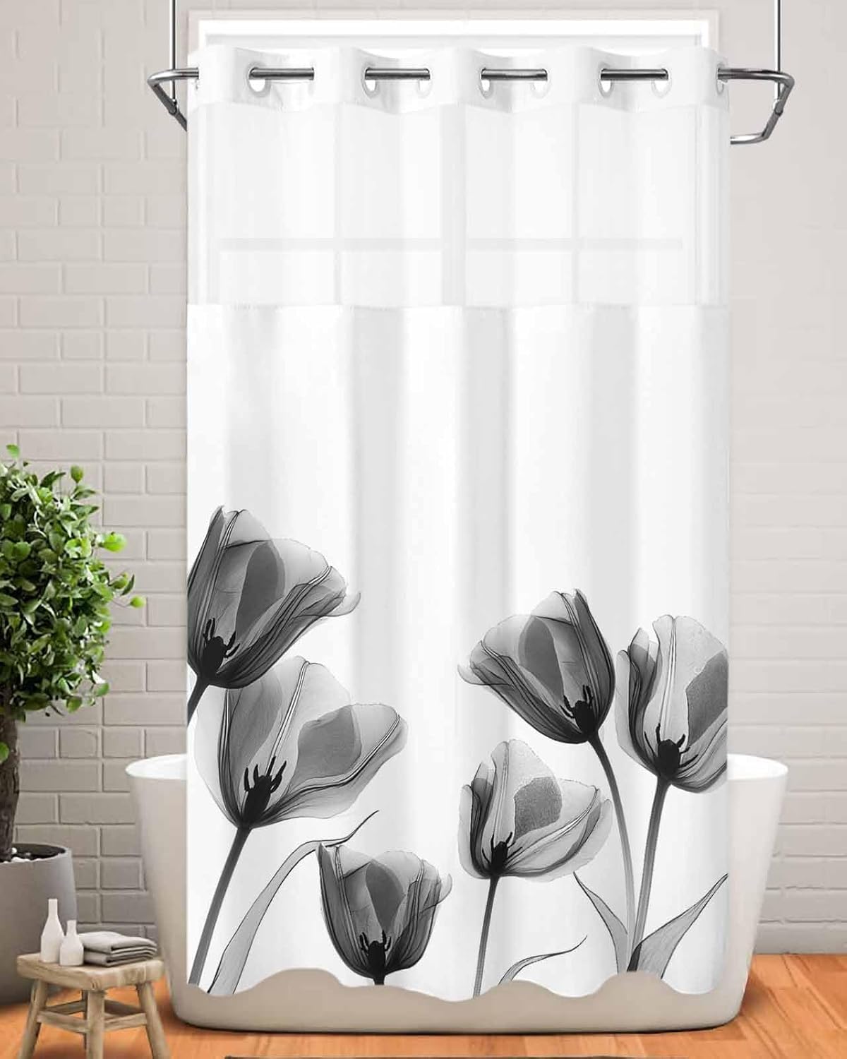 No Hook Shower Curtain and Snap in Liner Set, Black Grey Tulip Bathroom Stall Shower Curtains 54x78 Inch, See Through Mesh Top Window, Flower Floral Modern Minimalist White Hotel Style, Waterproof