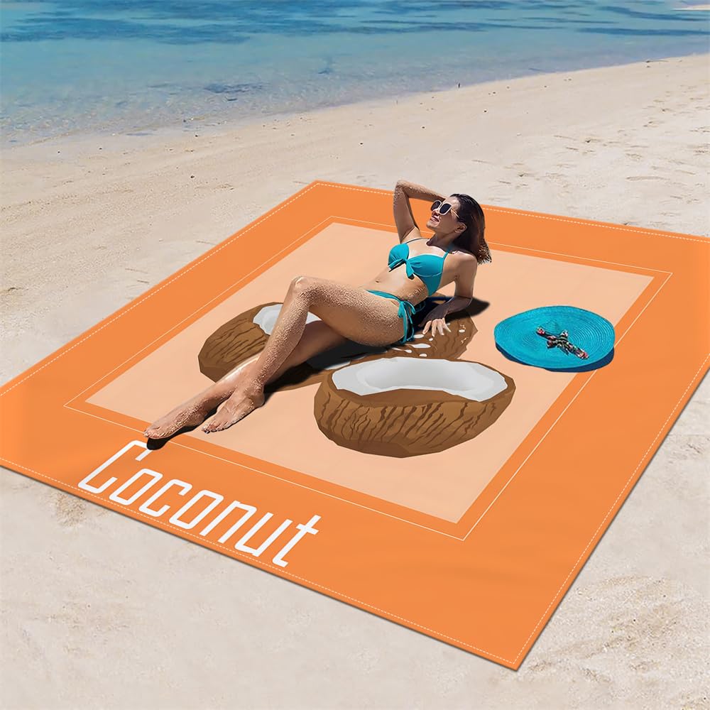 DOTBUY-SHOP Large Beach Blanket, Waterproof Picnic Blanket Portable Foldable Tent Carpet, Beach Mat with 4 Stakes, Sandproof Camping Blanket for Outdoors, Camping (Orange coconut,180x180cm)