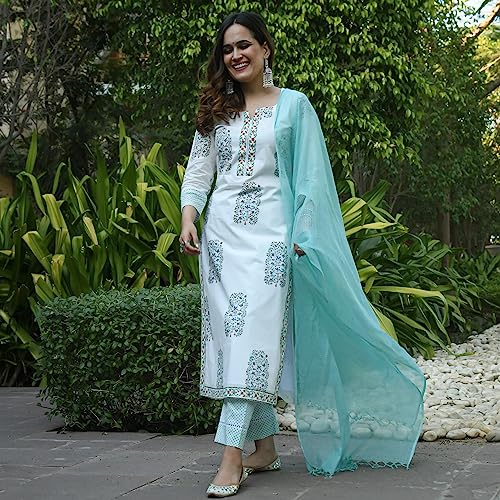 Image of Sidhidata Women's Cotton Blend Printed Kurta Pant and Dupatta Set